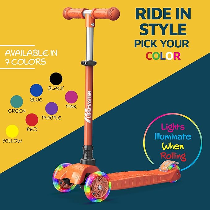 Lifemaster Mini 3-Wheel Kids Scooter with Multi-Color Wheel Lights – 4-Height Adjustable Handlebar, Wide Anti-Slip Deck, Child Safety Certified, Boys & Girls Ages 2+ Supports Up to 110 lbs