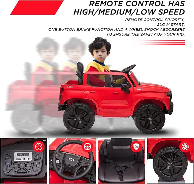 12V Ride on Car, Battery Powered Licensed by Chevrolet Silverado GMC Kids Ride On Truck, Toddler Electric Vehicles Toys w/Remote Control, MP3/Bluetooth, Spring Suspension, LED Light (red)