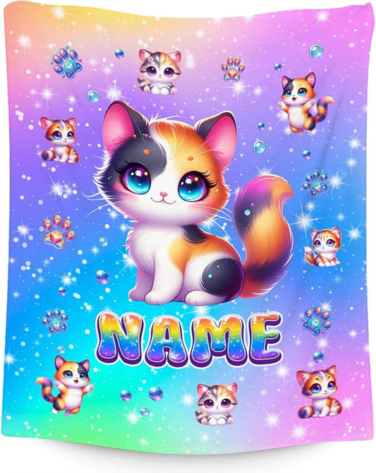 Personalized Blankets for Girls - Custom Cat Lovers Blanket Gifts - Soft Cozy Cute Flannel Cat Throw for Sofa Living, 4 Size