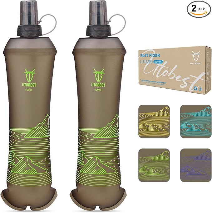 UTOBEST 500ml Soft Flask, 2 Pack Flexible TPU Hydration Water Bottle, Collapsible with 28mm Caliber for Running, Hiking, Cycling, Climbing, and Marathon Green