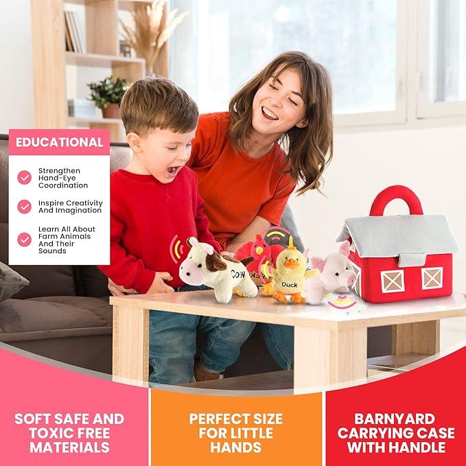 Bundaloo Plush Farm Animal Toys with Realistic Sounds - Plushie Play Set with Barn Carrier