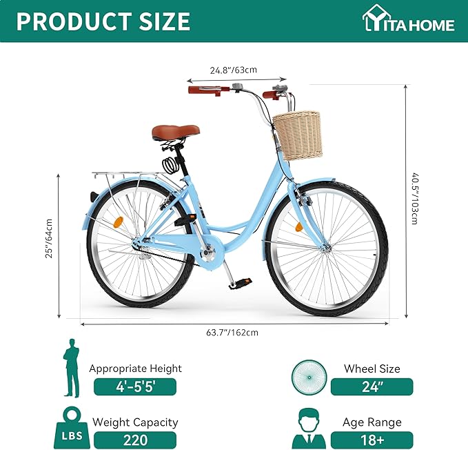 YITAHOME Beach Cruiser Bike for Women, 24 & 26 inch Commute Bike for Adults, 1 & 7 Speed Womens Bicycle with Basket Adjustable Seat, Multiple Color