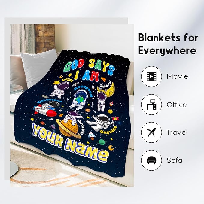 Personalized Planet Blanket, Kids Throw Blanket for Boys, Planet Gifts for Toddler Child, God Says I Am Blanket for Kids, Inspirational Gifts for Son, Soft Plush Throw Blankets for Couch, 30"x40"