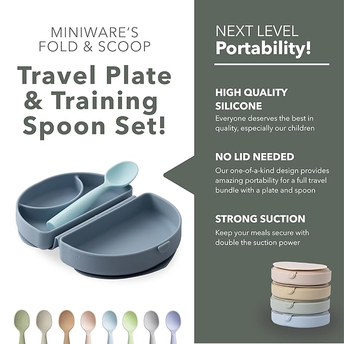 Miniware Fold & Scoop Baby Feeding Set - Silicone Travel Baby Plate with Suction & Baby Spoon - Compact, Portable, Dishwasher-Safe, Suction Base for Mess-Free Eating (Aquamarine and Aqua)