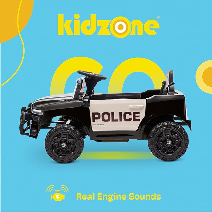 Kidzone Ride On Truck for Kids, Licensed RAM 3500 12V Battery Powered Electric Car Toy with Remote Control, LED Lights, Bluetooth Music & Rear Suspension - Black w/Police Design