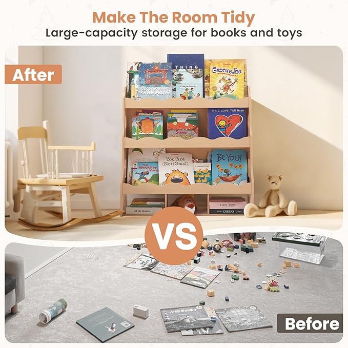 4-Tier Kids Book Shelf, Wooden Toddler Bookshelf with Toy Organizer, Montessori Nursery Bookcase for Boys Girls Bedrooms Playroom Classroom