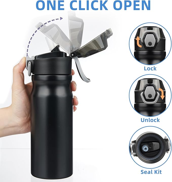 BJPKPK Water Bottle with Straw 18oz Insulated Water Bottles Reusable Stainless Steel Metal Thermal Flask with Leak Proof Lockable Lid and Carry Handle,Black