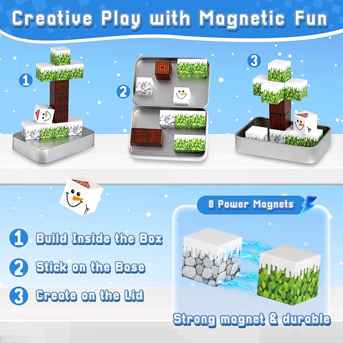 3 otters 12PCS Magnetic Building Blocks, STEM Toys Travel Magnetic Tiles for Kids with Storage Box for Boys Girls Birthday Christmas Party Gift (Winter)