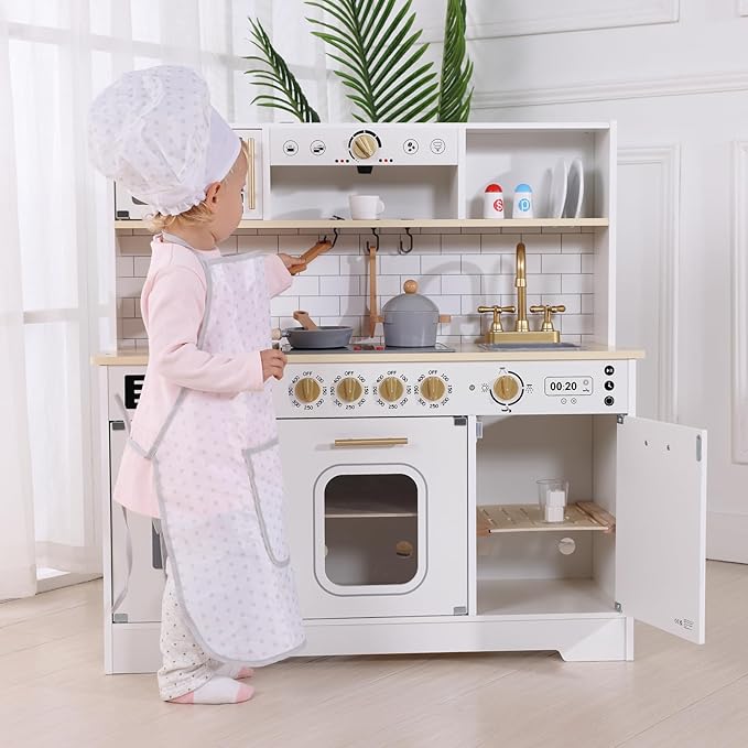 OOOK Kids Play Kitchen Set with Plenty of Features, Sink, Oven, Stove, Dishwasher, Coffee Maker, Ice Maker and Microwave, Play Kitchen Sets for Kids Ages 4-8