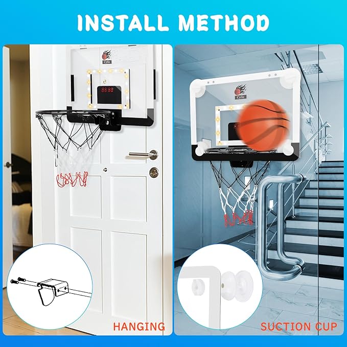 CYFIE LED Basketball Hoop, Suction Cup/Over The Door Basketball Hoop with Sturdy Backboard/Electronic Scoreboard, Sound, 3 Balls, Mini Indoor Basketball Toy Gifts for Kids Teens Boys Girls Youth