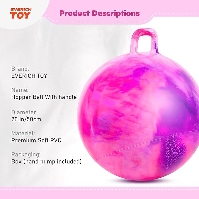 EVERICH TOY Hopper Ball for Kids 7-12, 20In Hoppity Hop Ball, Pink Purple Clouds Sit On Bouncy Balls with Handle, Indoor Outdoor Jumping Hopping Toys for Boys & Girls Gifts with Pump