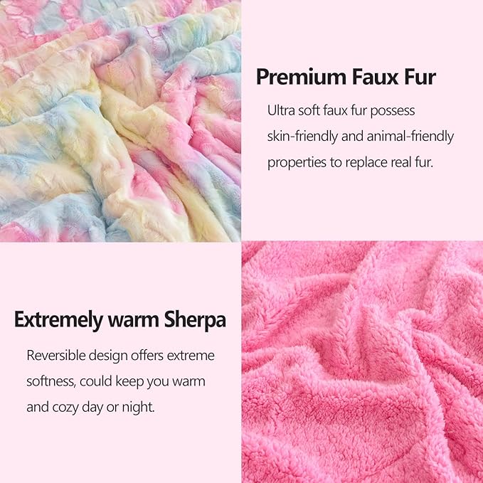 NEWCOSPLAY Super Soft Faux Fur Blanket Queen Size Light Rainbow Sherpa Fuzzy Plush Warm Blanket for Sofa Bed (Light Rainbow, Queen(90"x90"))