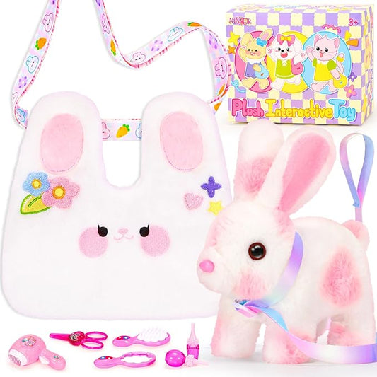 Easter Bunny Toys for Kids with Crossbody Bags, Easter Basket Stuffers Interactive Hopping Wiggle Ears Rabbit Toy, Pretend Play Robot Pet Care Cute Stuff for Girls Trip Plushies Birthday Gifts