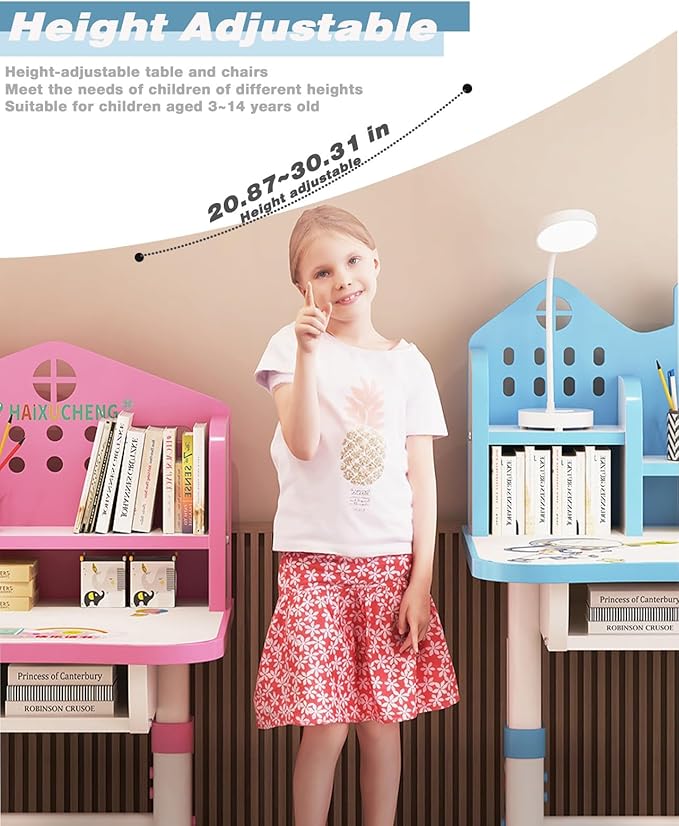 Kids' Table & Chair Set, Desk with Large Storage Drawer & Bookshelf, Height Adjustable (Pink)