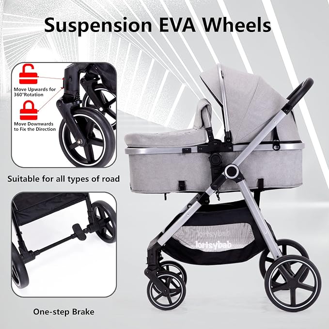 2-in-1 Baby Stroller - Folding Infant Newborn Pram Stroller with Reversible Seat - Toddler Strollers for 0-36 Months Old Babies (Grey)
