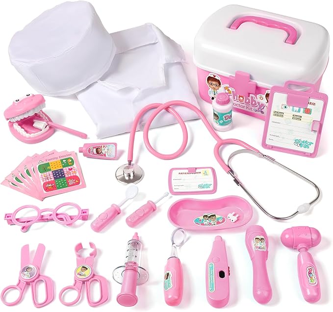 Durable Doctor Kit for Kids, 27 Pcs Deluxe Pretend Play Set Medical Toy with Real Stethoscope for Toddlers Boys Girls Christmas Birthday Gift Aged 3 4 5 6 7 8(Pink)