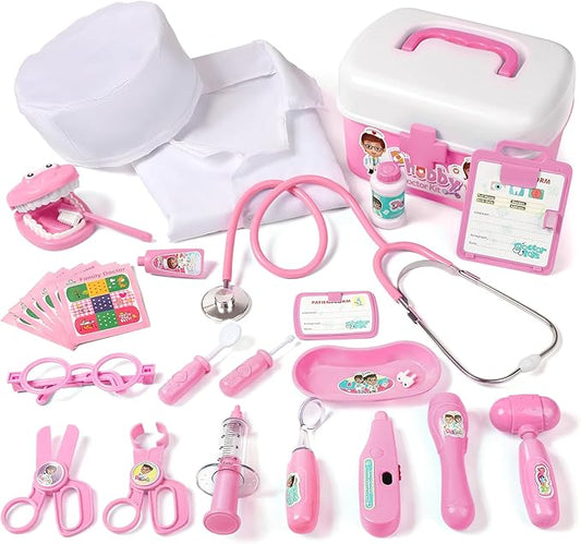 Durable Doctor Kit for Kids, 27 Pcs Deluxe Pretend Play Set Medical Toy with Real Stethoscope for Toddlers Boys Girls Christmas Birthday Gift Aged 3 4 5 6 7 8(Pink)