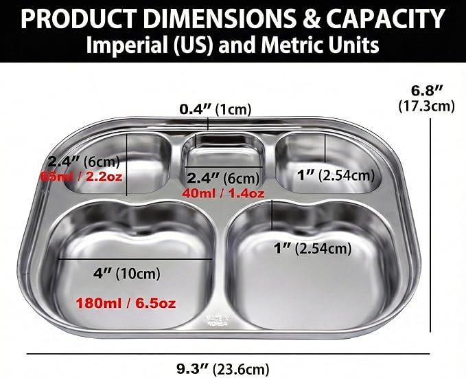 Korean Stainless Steel Divided Plates by KS&E, Little Kids Toddlers Babies small Tray, BPA Free, Diet Food Control, Compact Serving Platter, Snack, 5 Compartment Plate Silver, Set of 2