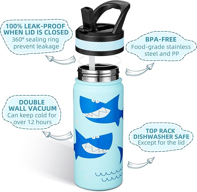 Fanhaw 18 Oz Kids Insulated Water Bottle with Straw - Stainless Steel Double Wall Vacuum Cup, Leakproof, BPA Free, Suitable for Boys and Girls(Pale Blue - Big Shark)