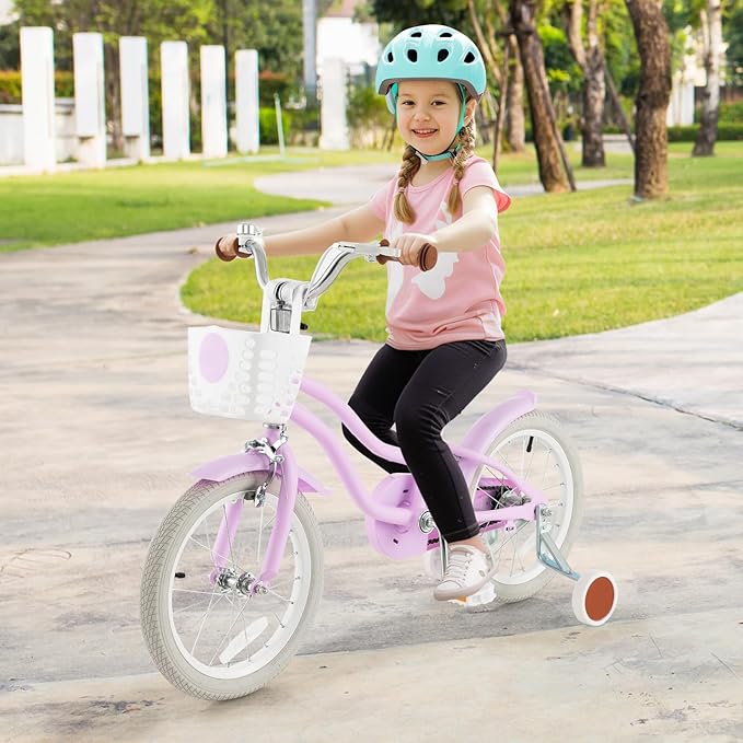 COSTWAY Kids Bike, 12 14 16 18 Inch Toddler Bike Children Bicycle w/Training Wheels, Hand & Coaster Brakes, Adjustable Saddle & Handlebar, Basket, Bell, Kids Bicycle for Girls Boys Aged 3-8 Years Old