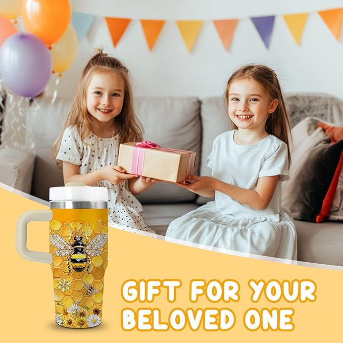 14oz Bee Tumbler with Handle, Stainless Steel Insulated Cup with Lid and Straw Personalized 14 OZ Bee Tumblers Gifts for Women Men
