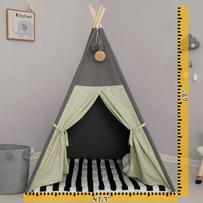 Teepee Tent for Kids Stripe Padded Mat Foldable Dark Tone Grey Play Tents for Girl and Boy with Carry Case Wooden Pole Printing Canvas Tepee Playhouse for Child Indoor Outdoor