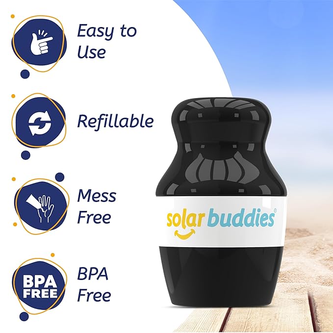 Solar Buddies Bag Bundle & Carabina Clip - Full Black - Refillable Roll on Sponge Sunscreen, Suncream & Lotion Applicator For Kids, Adults & Families - Holds 3.4fl oz, Perfect Size for Travel