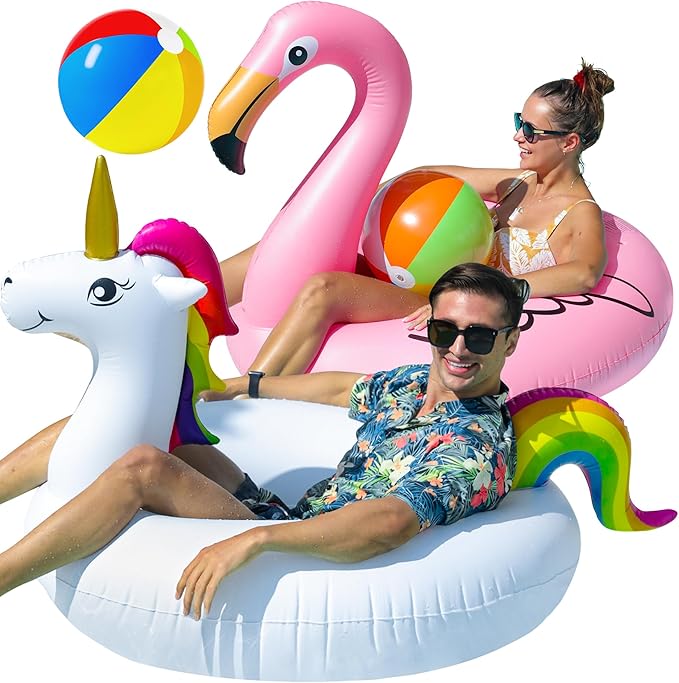 PARENTSWELL 43'' Inflatable Unicorn Flamingo Pool Floats, 2 Pack Pool Tube Floaties Swim Rings with 2 Beach Balls, Inflatable Pool Raft Tubes for Adults