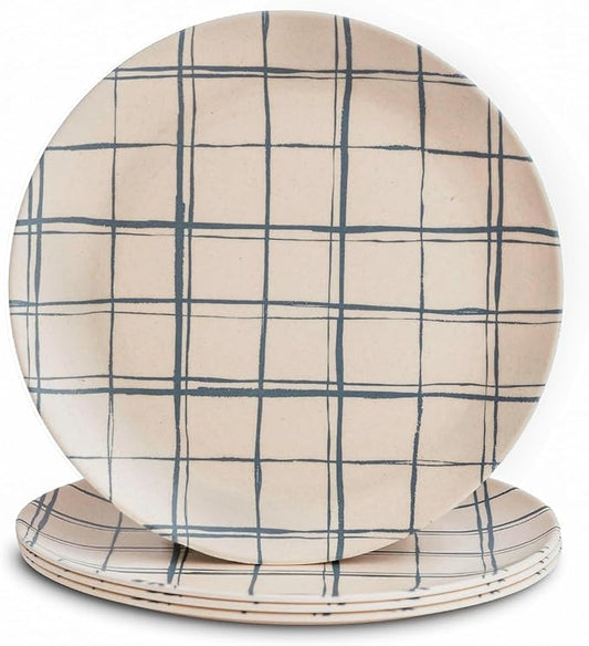 Nook Theory 4 Pack Reusable Bamboo Plates - Non-Toxic Toddler and Kids Plate, Dishwasher Safe, Not Microwavable Dinnerware (French Checks 8")