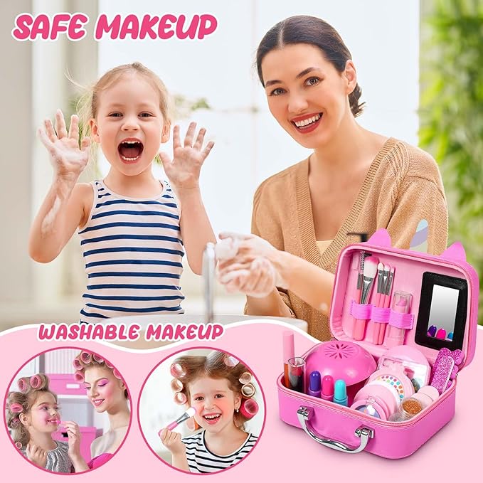 2 In 1 Kids Makeup Sets for Girls 3-5 5-8 8-12 Nail Art Machine Kits for Girl Toys Real Makeup Kit Pretend Makeup Set Princess Dress Up Christmas Birthday Gifts For 3 4 5 6 7 8 9 10 11 12 Girl Boy