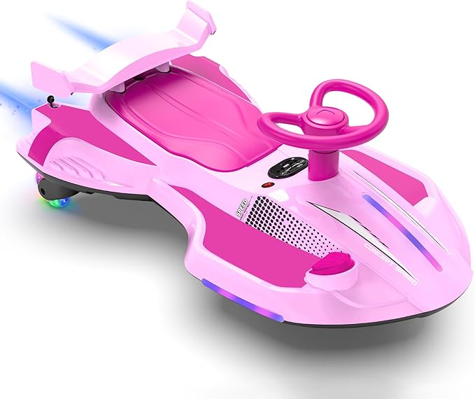 12V Electric Wiggle Car with Pedal for Kids, Rechargeable 2 in 1 Swing Car, Drifting Ride On Toys with Backrest, Anti-Rollover, Spray, Flashing Light, Music, for Ages 3 and Up, 150 Lbs (Pink)