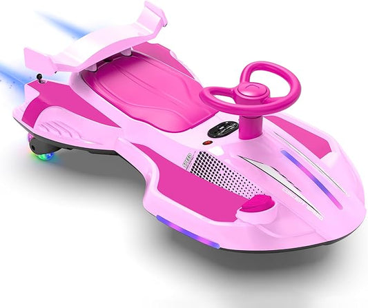 12V Electric Wiggle Car with Pedal for Kids, Rechargeable 2 in 1 Swing Car, Drifting Ride On Toys with Backrest, Anti-Rollover, Spray, Flashing Light, Music, for Ages 3 and Up, 150 Lbs (Pink)