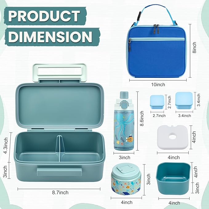PIQUEBAR Bento Lunch Box for Kids with Thermo Ice Pack Lunch Food Container Insulated Bag, 18oz Plastic Sport Water Bottle for Kid Girls Boys (T-Blue Sea)