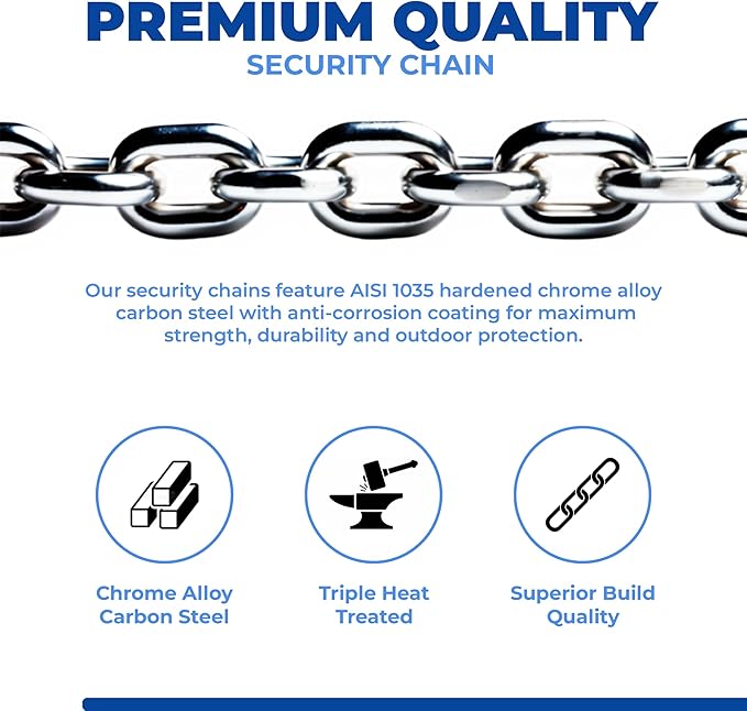 8mm Security Chain Lock Set (3', 6' or 10') Heavy Duty, Cinch Style, Weatherproof, Hardened Carbon Steel, Includes Compact U-Lock 3ft
