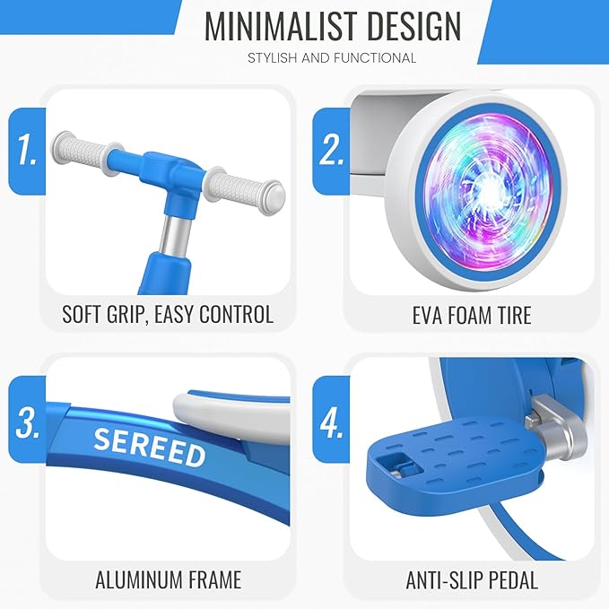 SEREED Colorful Lighting Toddler Tricycle for 2-5 Years Old Boys Girls, Adjustable Seat&Handlebar Trike, Removable Basket, Birthday Gift Idea for Kids Ages 2+ (Blue)