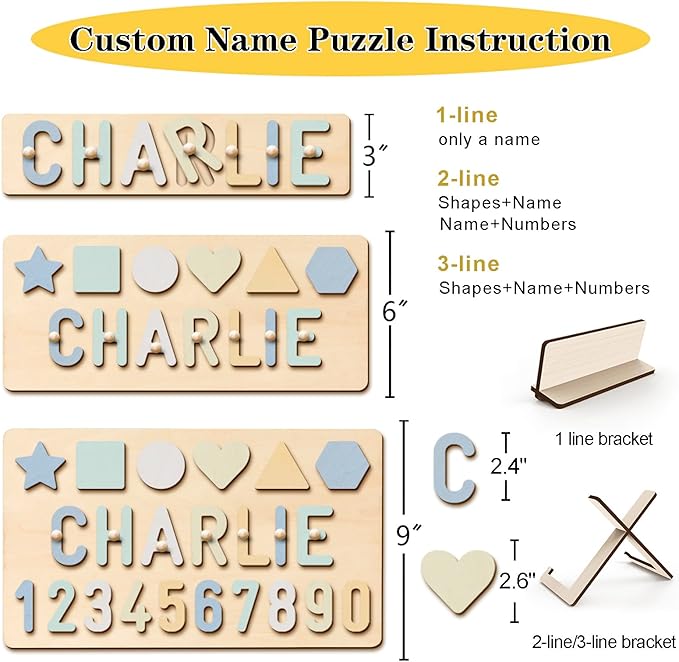 Name Puzzle for Kids Personalized Baby Gifts Wooden Toys Puzzles for Toddlers 1-3 Shapes Number Puzzle Educational Learning Toys Customized for Boys Girls First Birthday
