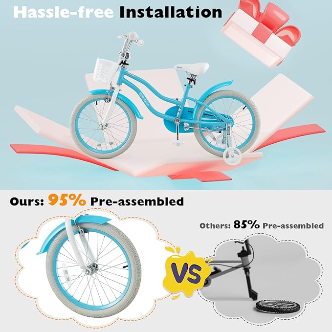 BABY JOY Kids Bike, 12 14 16 18 20 Inch Boys Girls Bike w/Adjustable Seat, Removable Basket, Handbrake & Coaster Brake, Training Wheels or Kickstand, Kids Bicycle with Multi-Color