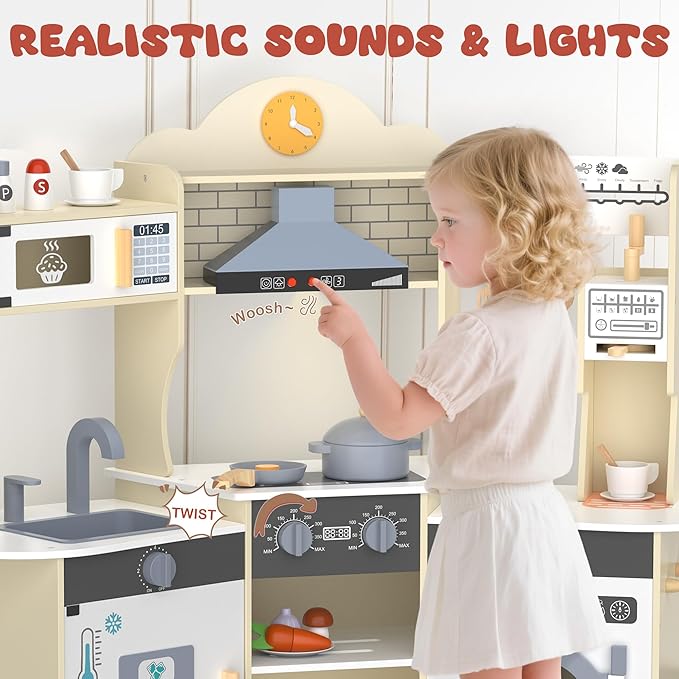 ANPABO Play Kitchen for Kids, Wooden Kids Kitchen Playset for Toddlers with Lights & Sounds, Pretend Play Toys with Coffee & Ice Maker, 30Pcs Toy Kitchen Accessories Gift for Boy&Girl (Yellow)