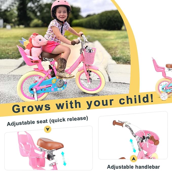 Glerc Maggie Girls Bike, 12-20 Inch Kids Bike for 2-13 Years Old Children, Princess Style Kids Bicycle with Doll-Seat & Basket & Training Wheels, Multiple Colors