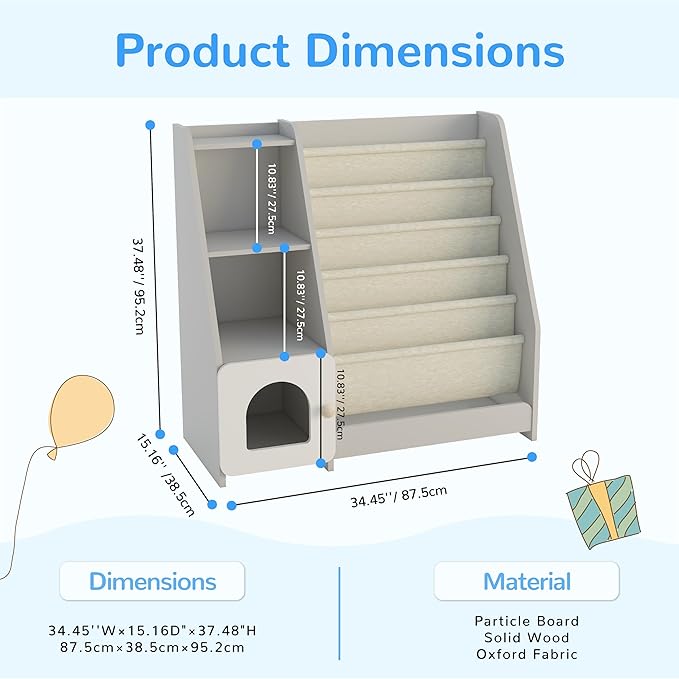 FKWin Kids Bookshelf, Kids Toy Storage Organizer, Baby Storage Book Rack, 4 Tier Kids Wooden Bookshelves, 5 Layer Sling Bookcase for Playroom, Bedroom, Living Room, Kids Room, Nursery, School (Gray)
