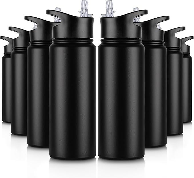 24 oz Insulated Water Bottle Bulk 8 Pack, Stainless Steel Sports Water Bottles with Straw Lid & Wide Mouth Lids, Double Walled Vacuum, Leak Proof, Black