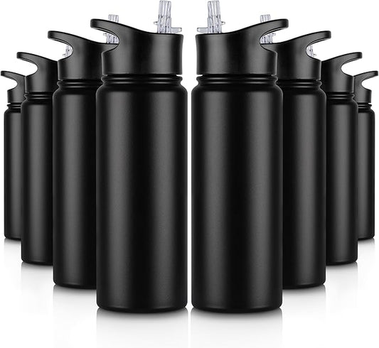 24 oz Insulated Water Bottle Bulk 8 Pack, Stainless Steel Sports Water Bottles with Straw Lid & Wide Mouth Lids, Double Walled Vacuum, Leak Proof, Black