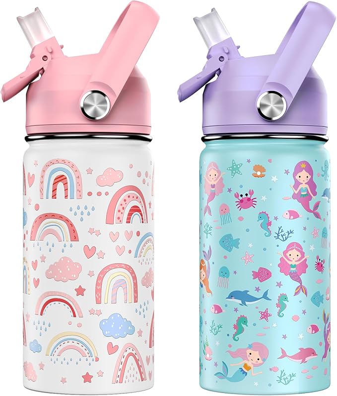 14oz Kids Insulated Water Bottle with Straw Lid - 18/8 Stainless Steel Kid Cup Travel Tumbler Double Wall Vacuum Leak Proof Portable Toddler Water Bottle (Rainbow + Mermaid)
