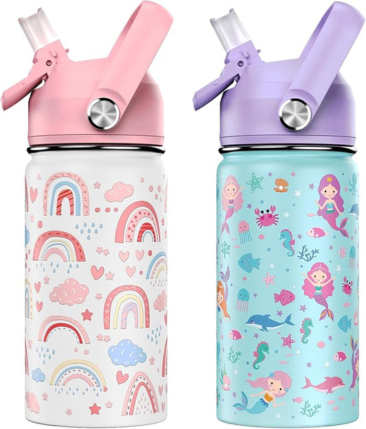 14oz Kids Insulated Water Bottle with Straw Lid - 18/8 Stainless Steel Kid Cup Travel Tumbler Double Wall Vacuum Leak Proof Portable Toddler Water Bottle (Rainbow + Mermaid)