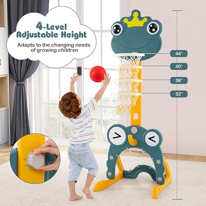 Costzon Toddler Basketball Hoop, 4-in-1 Kids Sports Activity Center with Rim, Soccer Goal, Golf, Ring Toss, Height Adjustable Kids Basketball Hoop with Fillable Base for Indoor Outdoor (Green Frog)