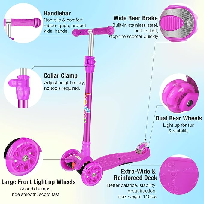 BELEEV Scooters for Kids 3 Wheel Kick Scooter for Toddlers Girls Boys, 4 Adjustable Height, Lean to Steer, Light up Wheels, Extra-Wide Deck, Easy to Assemble for Children Ages 3-12 (Rose Pink)