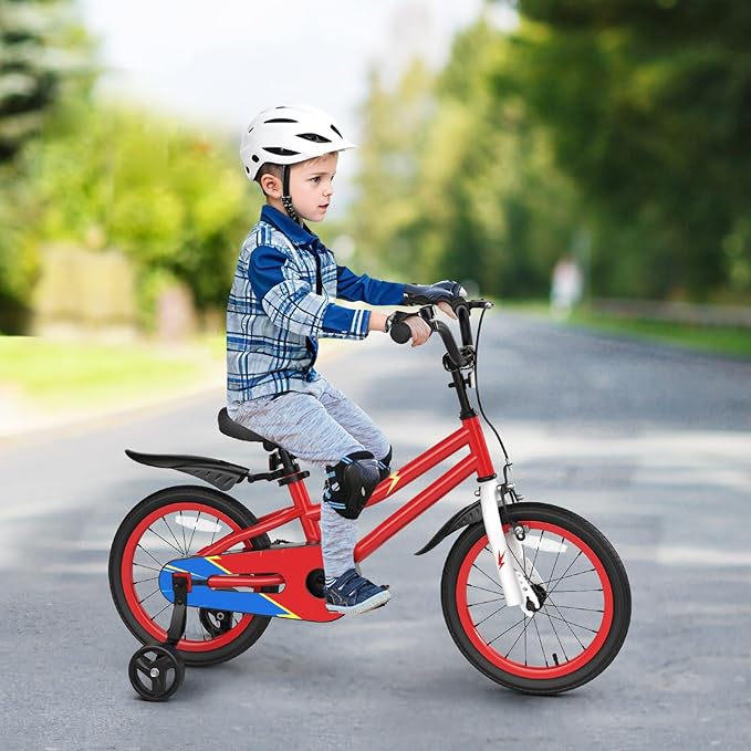 COSTWAY Kids Bike, 12 14 16 18 Inch Toddler Bike for Boys & Girls Aged 3-8 Years Old, Kids Bicycle w/Removable Training Wheels, Handbrake & Coaster Brake, Basket, Bell