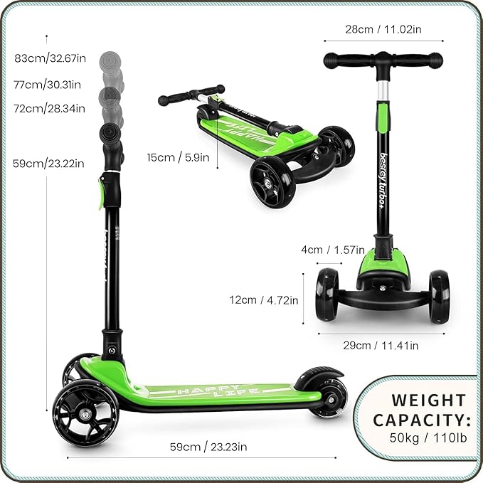Besrey Kick Scooter for Kids Ages 3-10, 3-Wheel Folding Scooter with Adjustable Height, LED Light Wheels, Extra Wide Deck for Outdoor Activities