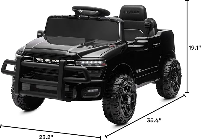Kidzone 12V Licensed RAM 3500 Ride-On Truck for Kids, Battery Powered Electric Car w/Parent Remote Control & Manual Drive, Bluetooth, LED Lights - Black