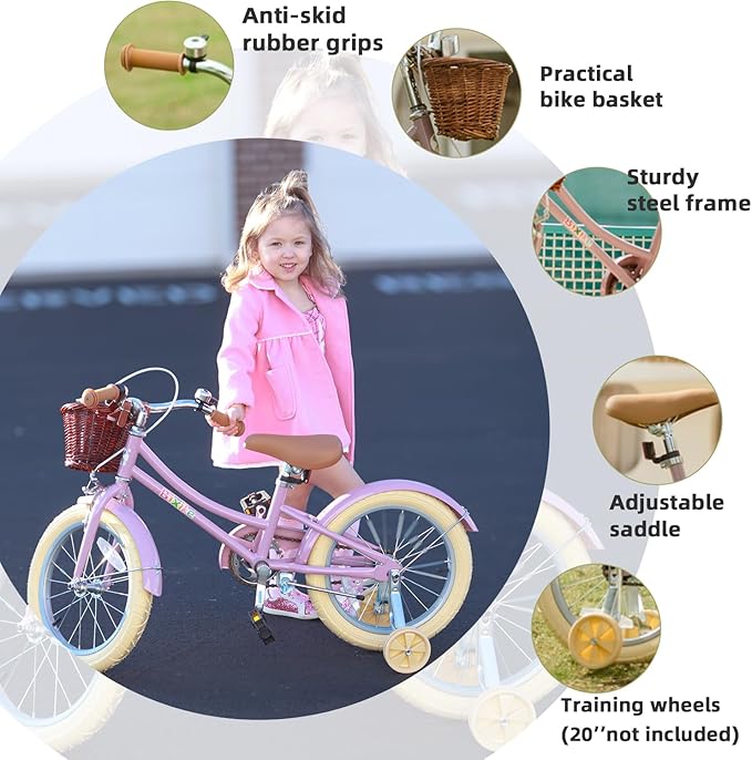 Retro Design Girls Bike with Basket and Coaster Brake for 3-13 Years Old Kids, 14 16 18 Inch Cruiser Bicycle for Toddlers with Training Wheels, 20 24 26 Inch with Kickstand, Multiple Colors